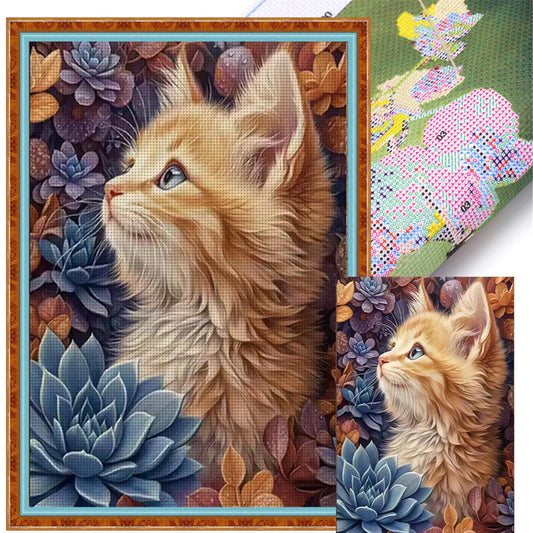 Succulents And Cat - Full 11CT Stamped Cross Stitch 50x70CM - Mona Lisa