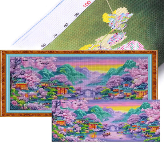 Purple Dream Of Jiangnan Water Town - Full 11CT Stamped Cross Stitch 150x65CM - Mona Lisa