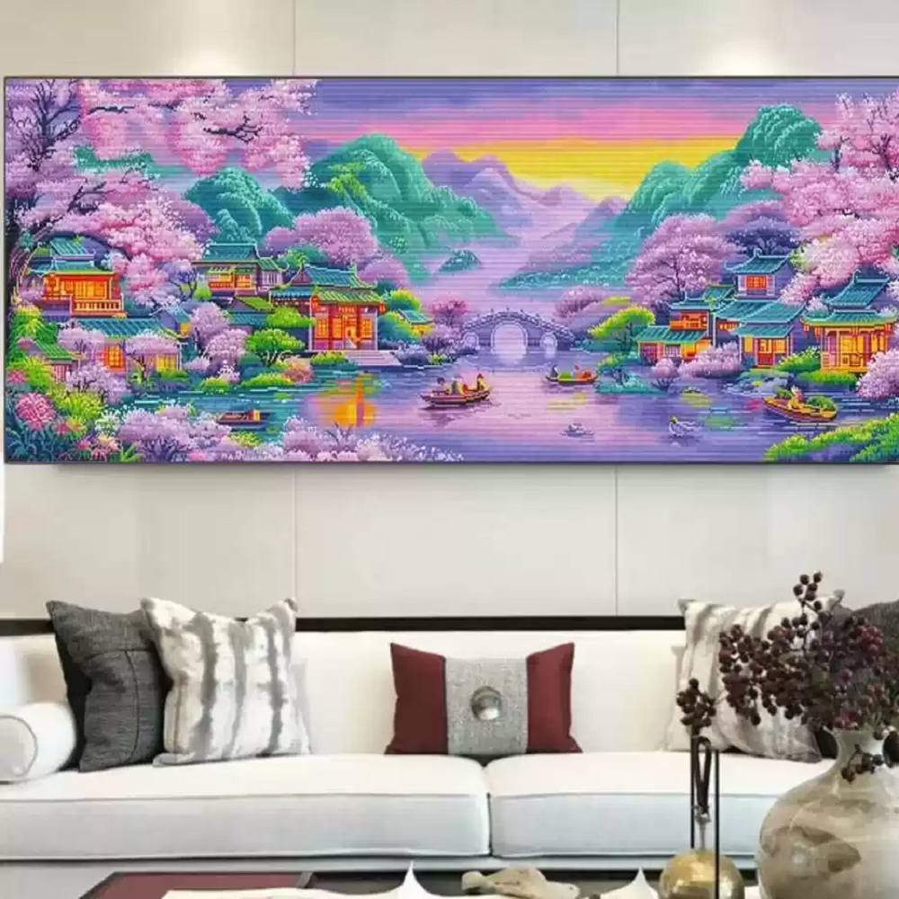 Purple Dream Of Jiangnan Water Town - Full 11CT Stamped Cross Stitch 150x65CM - Mona Lisa