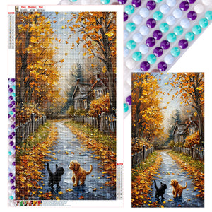 Autumn Path With Cats And Dogs 40*70CM(Canvas) Full Round Drill Diamond Painting