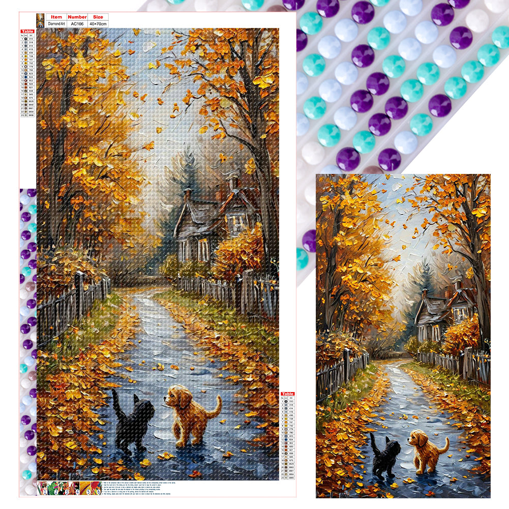 Autumn Path With Cats And Dogs 40*70CM(Canvas) Full Round Drill Diamond Painting