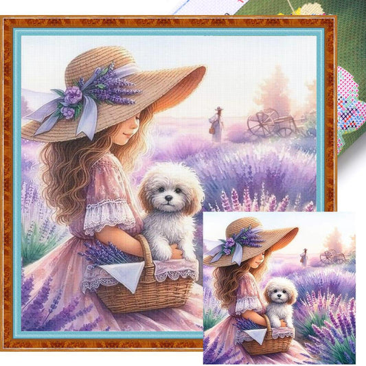 Girl In Lavender Field - Full 11CT Stamped Cross Stitch 40x40CM - Huacan