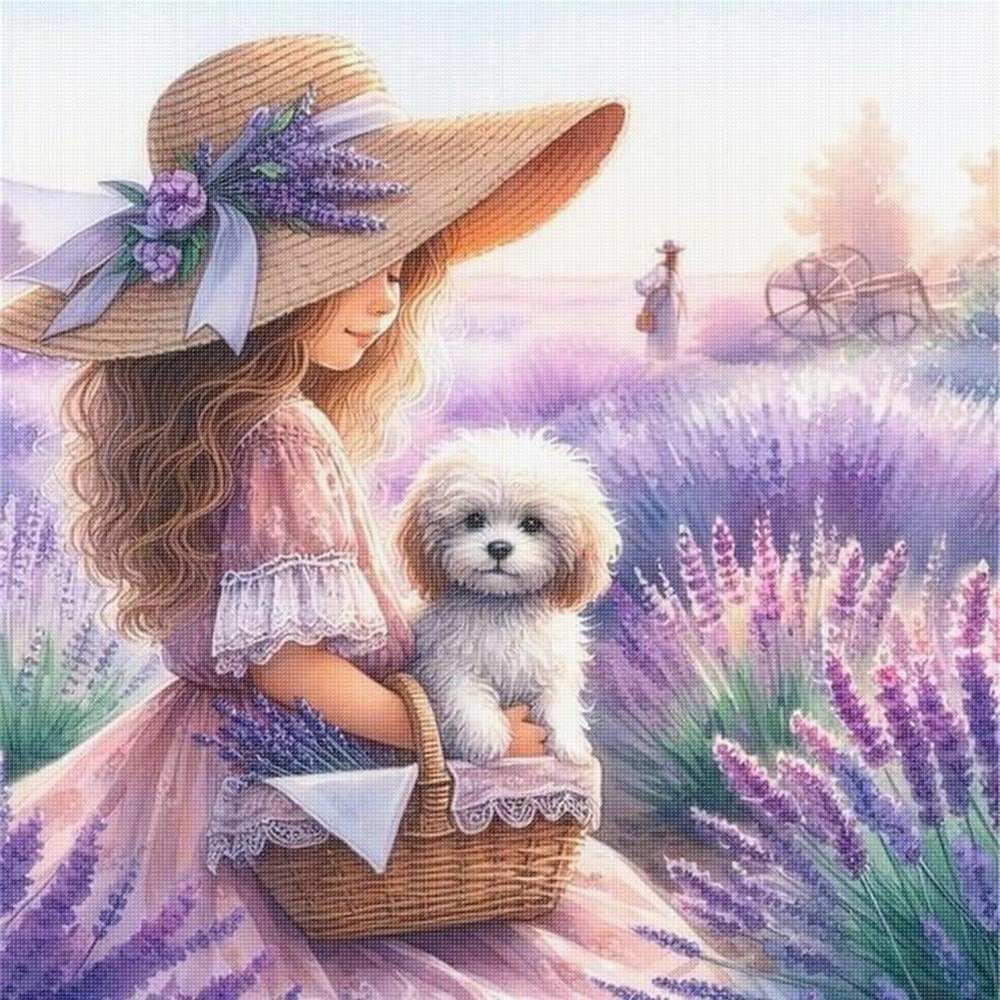Girl In Lavender Field - Full 11CT Stamped Cross Stitch 40x40CM - Huacan