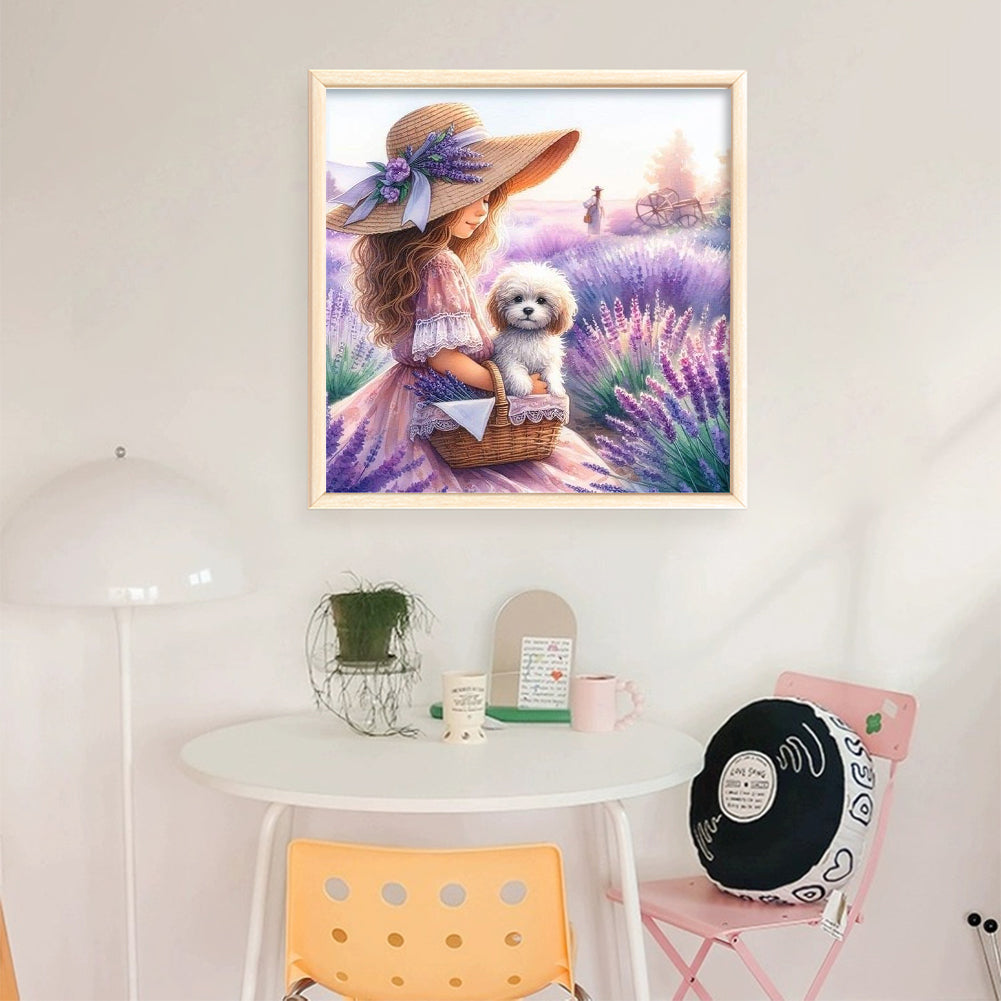 Girl In Lavender Field - Full 11CT Stamped Cross Stitch 40x40CM - Huacan