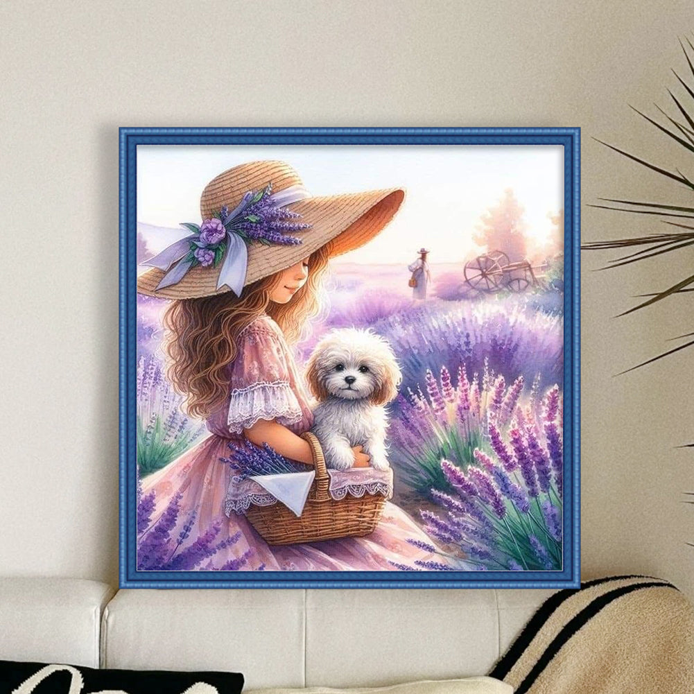 Girl In Lavender Field - Full 11CT Stamped Cross Stitch 40x40CM - Huacan