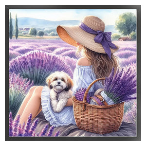 Girl in a Field with a Dog - 40*40CM 11CT Stamped Cross Stitch