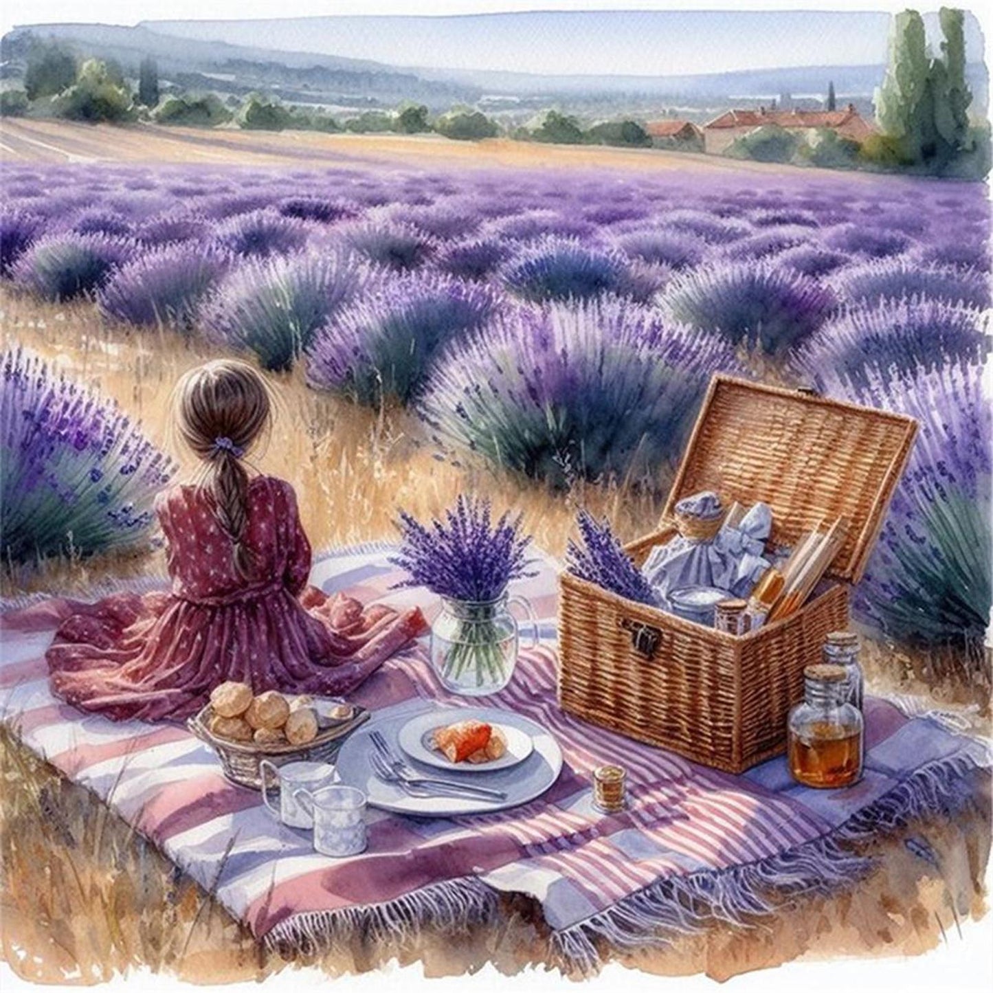 Picnic In Lavender Field - Full 11CT Stamped Cross Stitch 40x40CM - Huacan