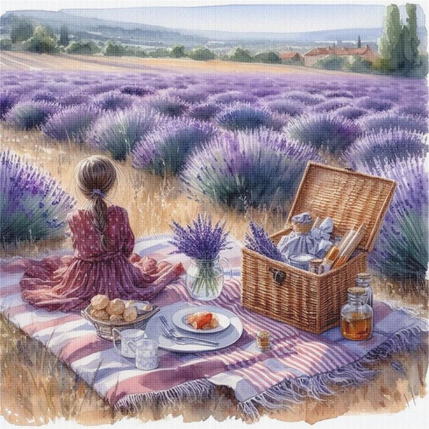 Picnic In Lavender Field - Full 11CT Stamped Cross Stitch 40x40CM - Huacan