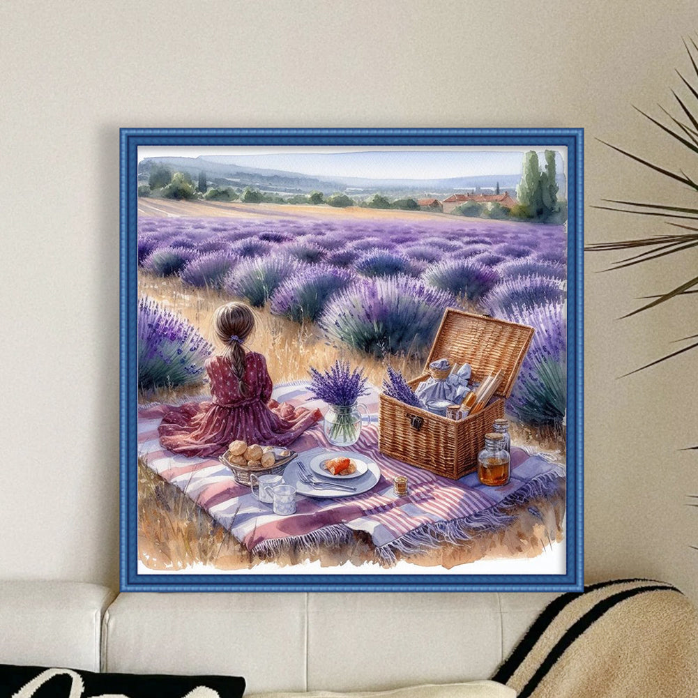 Picnic In Lavender Field - Full 11CT Stamped Cross Stitch 40x40CM - Huacan