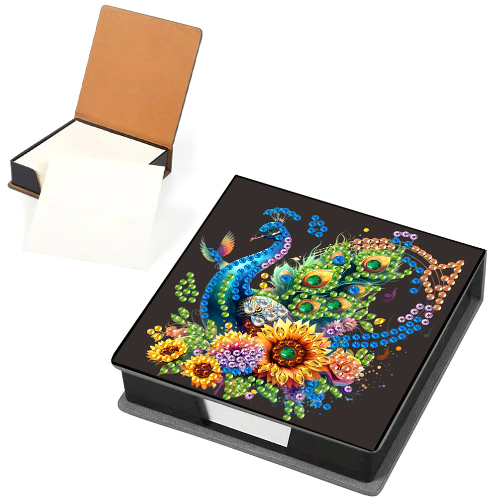 5D DIY PU Diamond Art Note Box with 160 Sheets Paper Memo Pad Holder (Peacock)