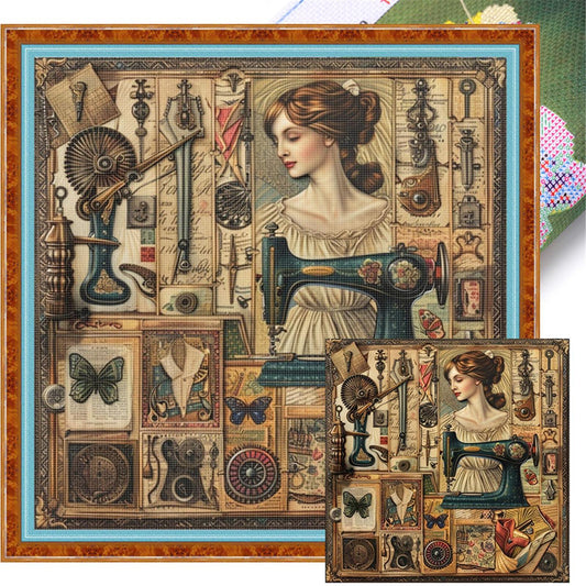 Woman At Sewing Machine - Full 14CT Stamped Cross Stitch 40x40CM - Huacan