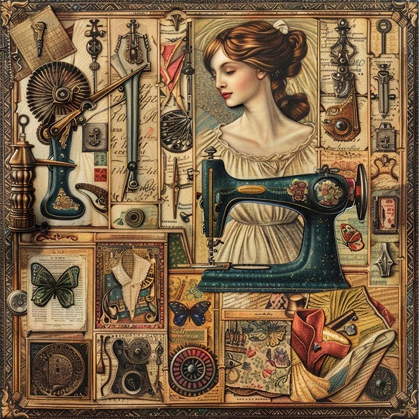 Woman At Sewing Machine - Full 14CT Stamped Cross Stitch 40x40CM - Huacan