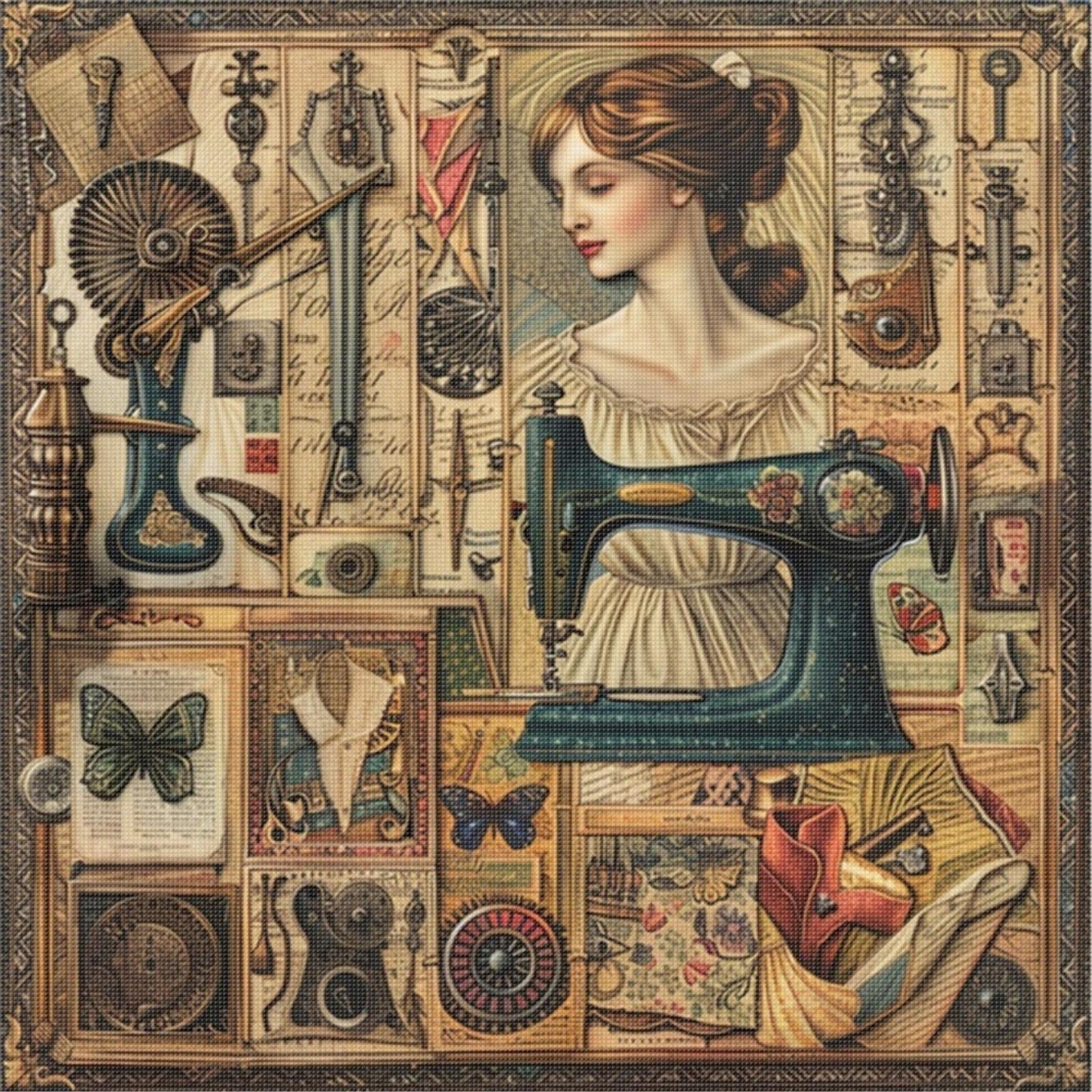 Woman At Sewing Machine - Full 14CT Stamped Cross Stitch 40x40CM - Huacan