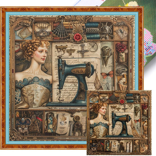 Woman At Sewing Machine - Full 14CT Stamped Cross Stitch 40x40CM - Huacan