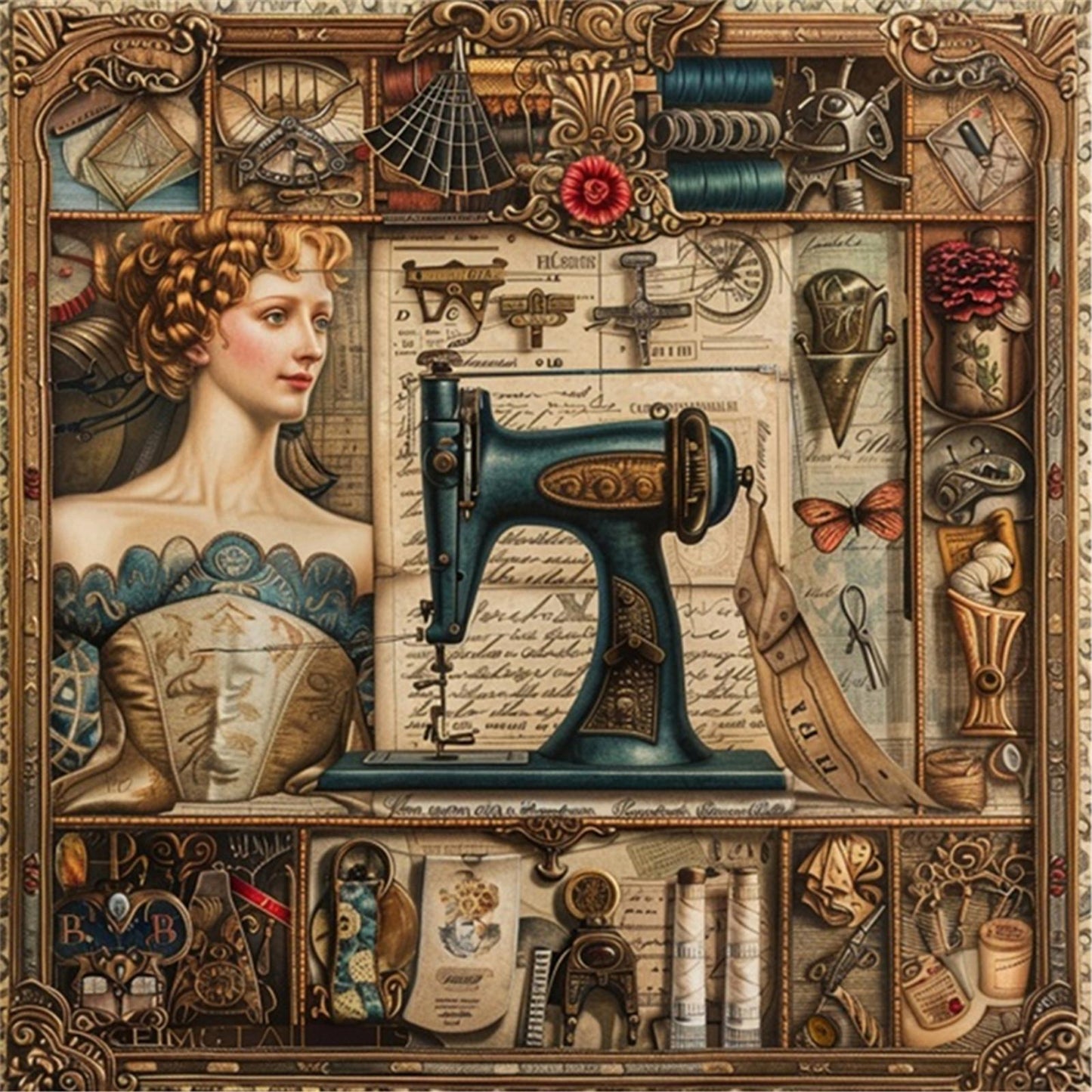 Woman At Sewing Machine - Full 14CT Stamped Cross Stitch 40x40CM - Huacan
