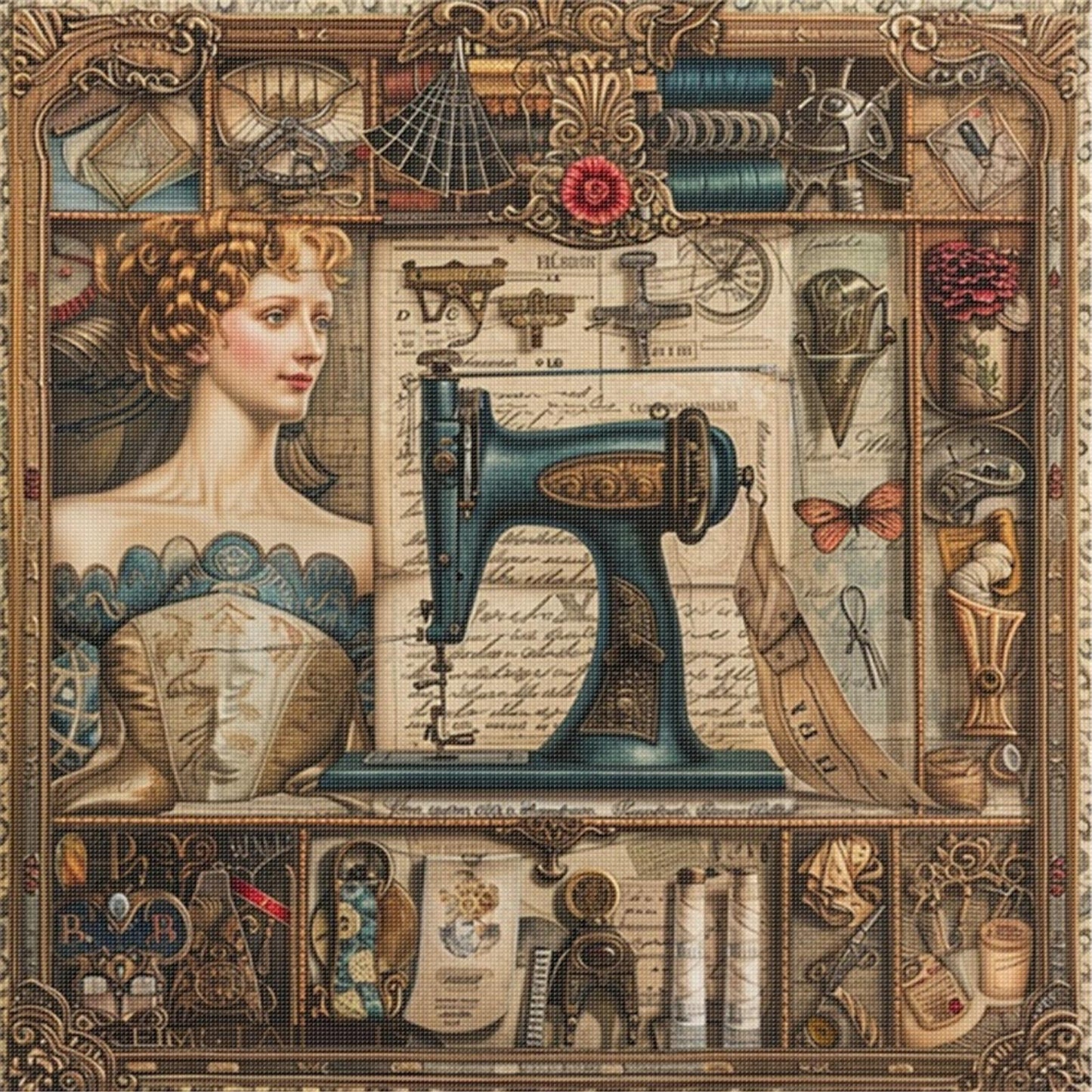 Woman At Sewing Machine - Full 14CT Stamped Cross Stitch 40x40CM - Huacan