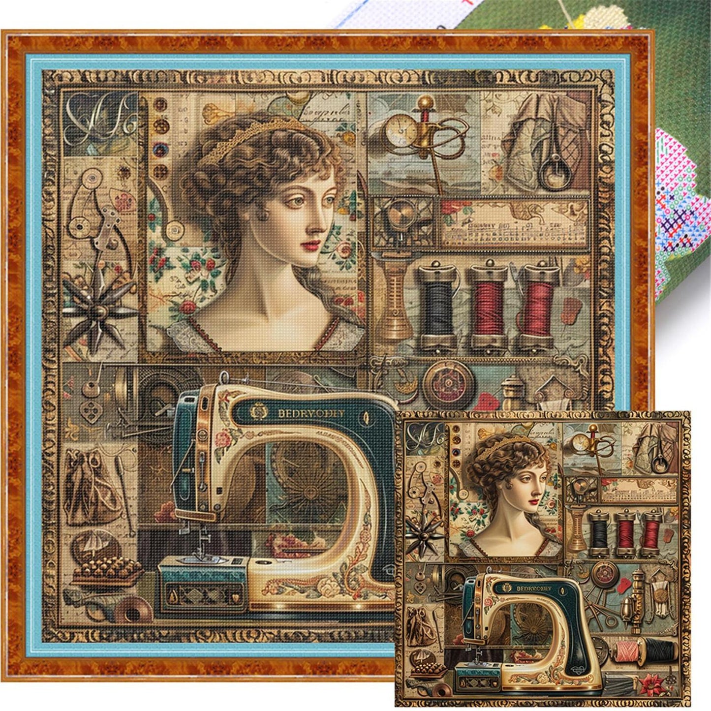 Woman At Sewing Machine - Full 14CT Stamped Cross Stitch 40x40CM - Huacan
