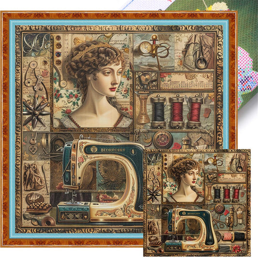 Woman At Sewing Machine - Full 14CT Stamped Cross Stitch 40x40CM - Huacan