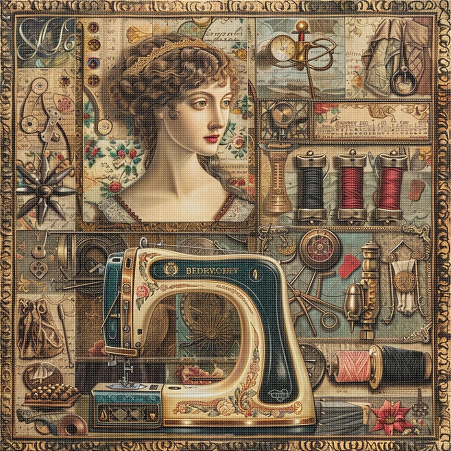 Woman At Sewing Machine - Full 14CT Stamped Cross Stitch 40x40CM - Huacan