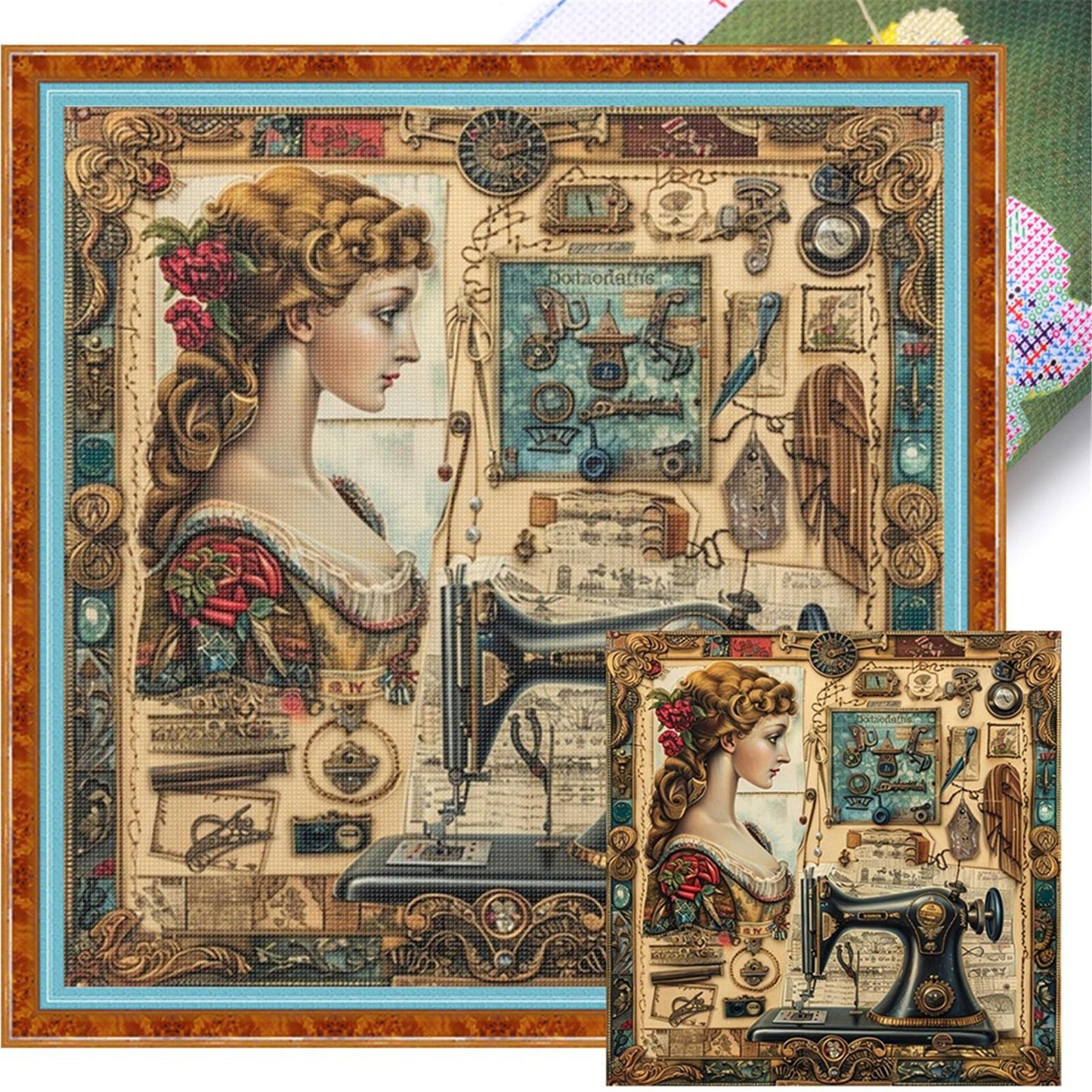 Woman At Sewing Machine - Full 14CT Stamped Cross Stitch 40x40CM - Huacan