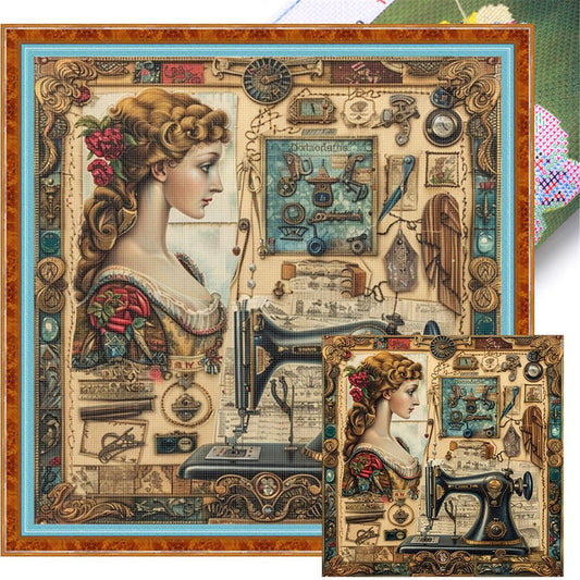 Woman At Sewing Machine - Full 14CT Stamped Cross Stitch 40x40CM - Huacan