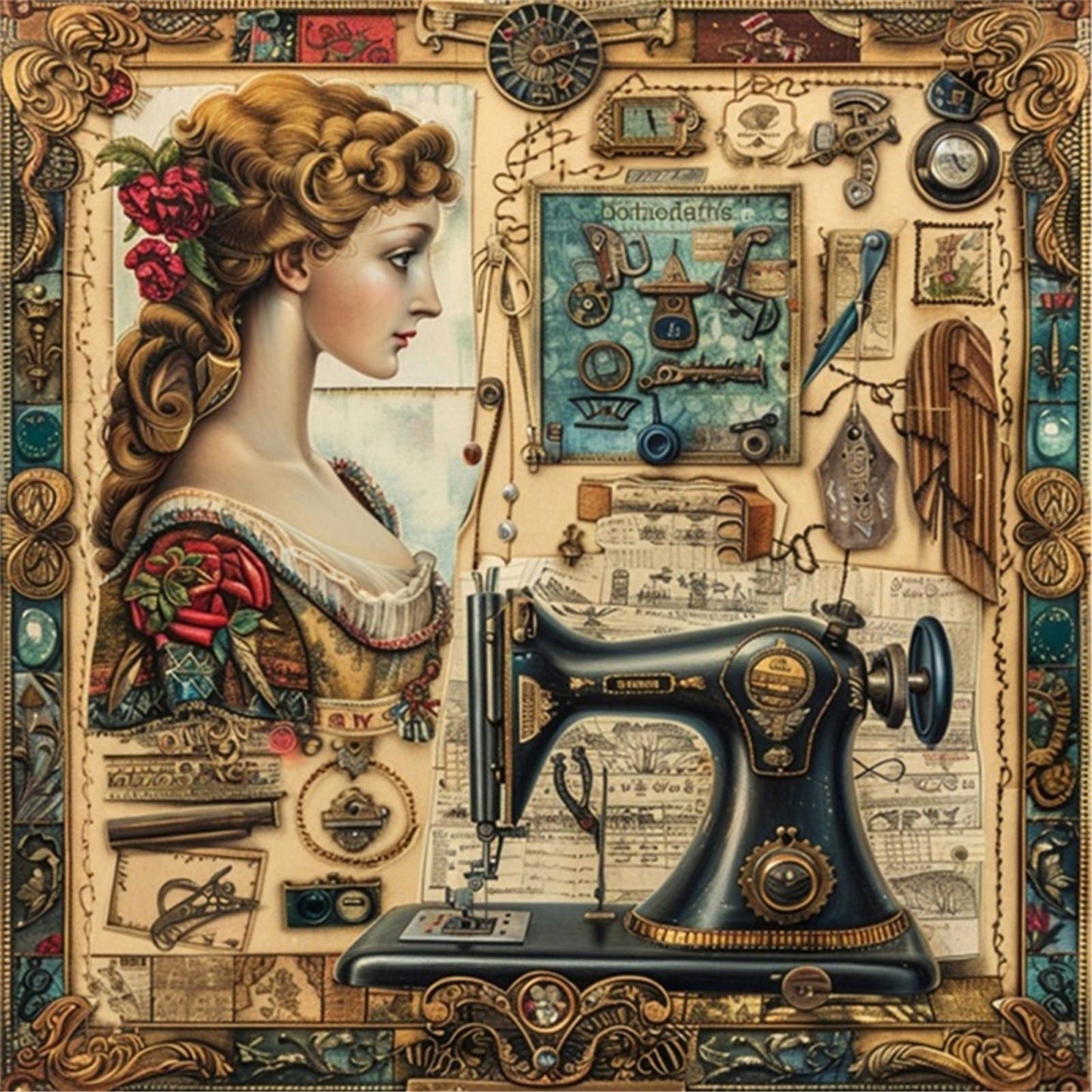 Woman At Sewing Machine - Full 14CT Stamped Cross Stitch 40x40CM - Huacan
