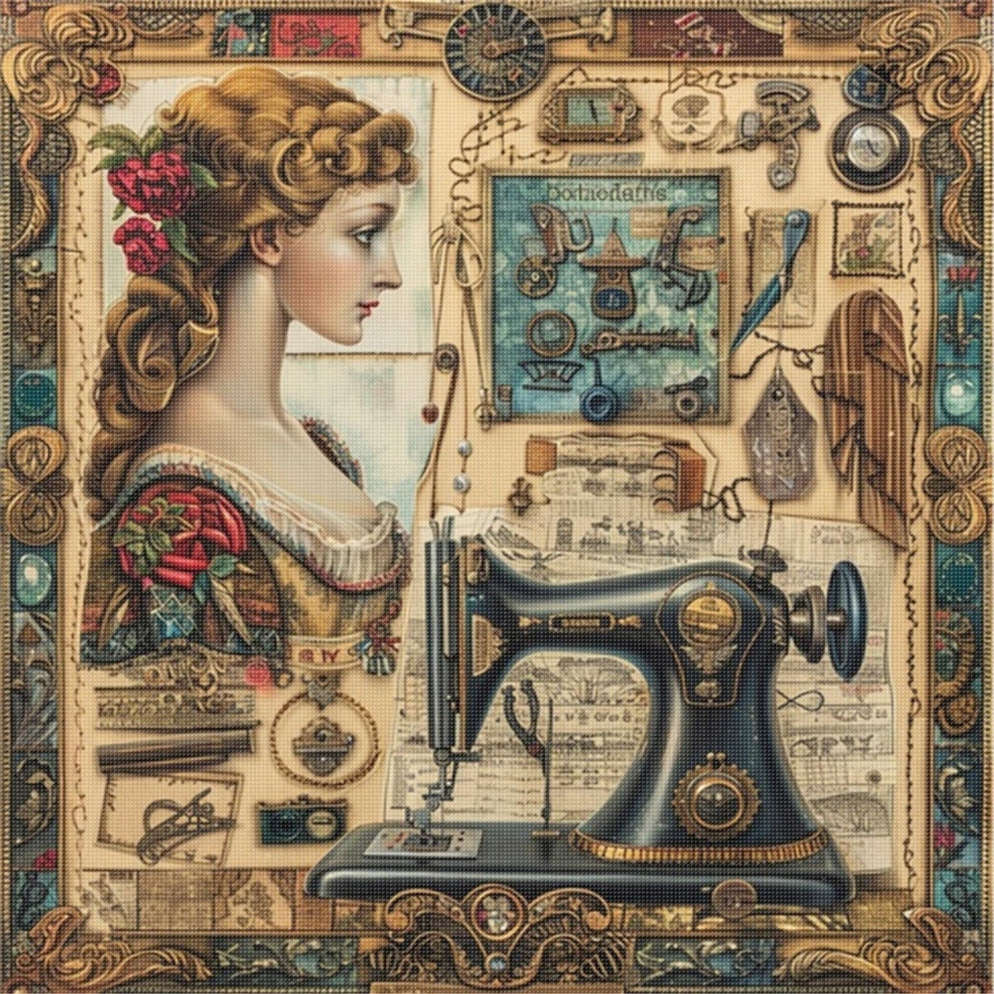 Woman At Sewing Machine - Full 14CT Stamped Cross Stitch 40x40CM - Huacan