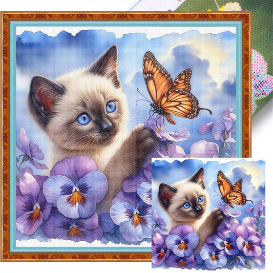 Siamese Cat With Pansy - Full 11CT Stamped Cross Stitch 40x40CM - Huacan