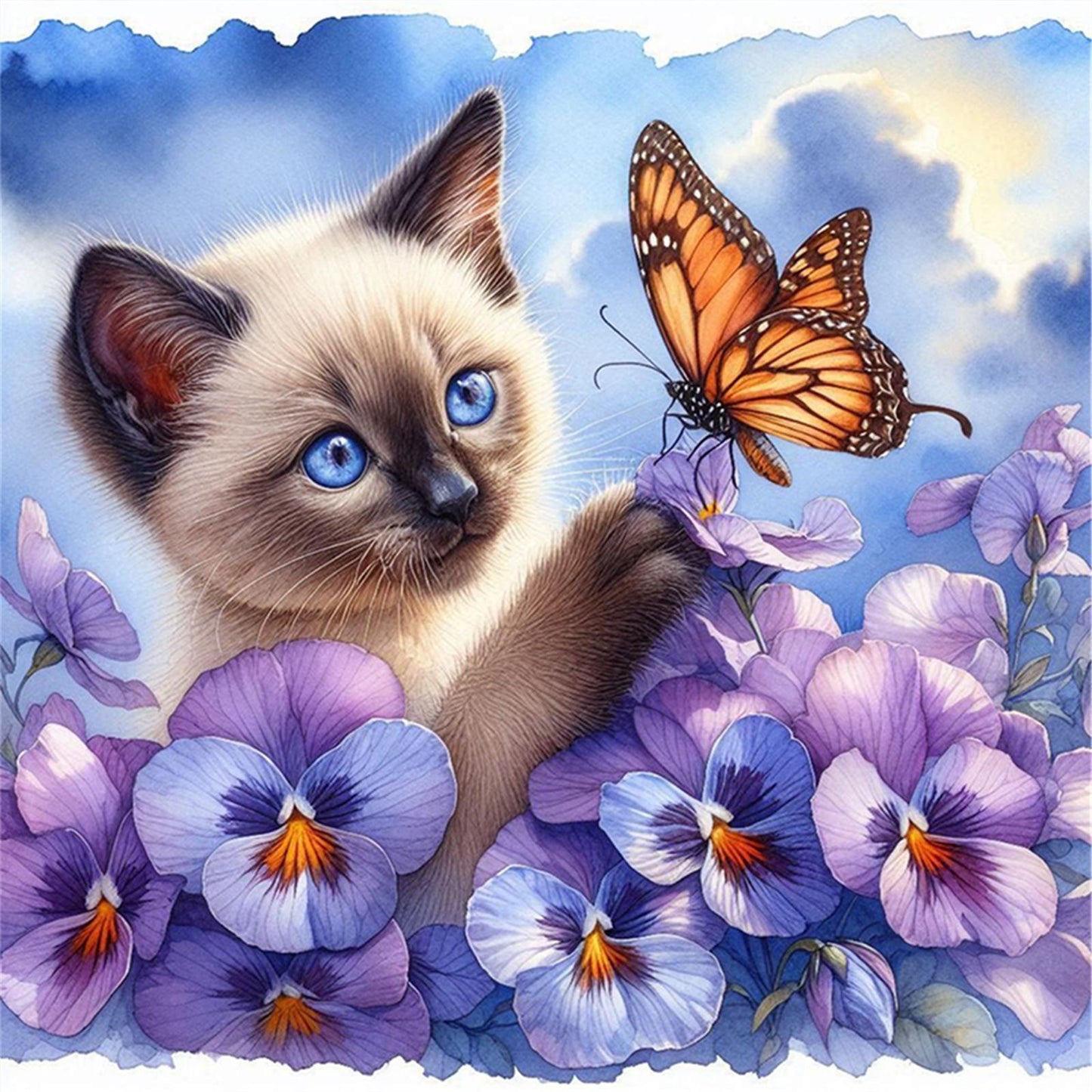 Siamese Cat With Pansy - Full 11CT Stamped Cross Stitch 40x40CM - Huacan