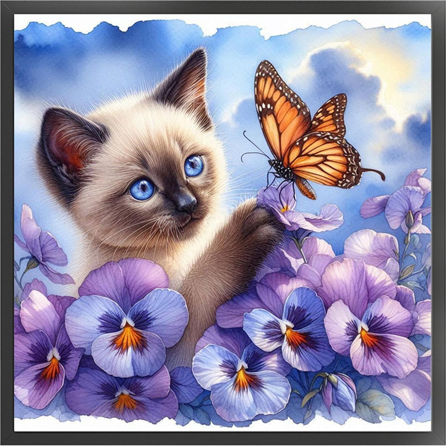 Siamese Cat With Pansy - Full 11CT Stamped Cross Stitch 40x40CM - Huacan