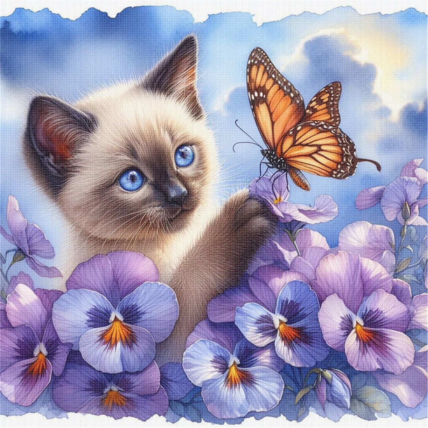 Siamese Cat With Pansy - Full 11CT Stamped Cross Stitch 40x40CM - Huacan
