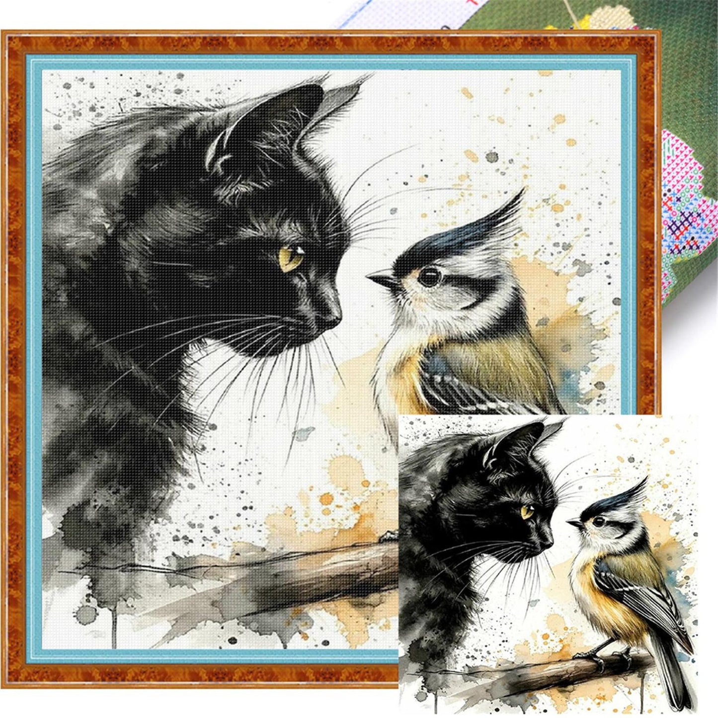 Black Cat And Bird - Full 11CT Stamped Cross Stitch 40x40CM - Huacan