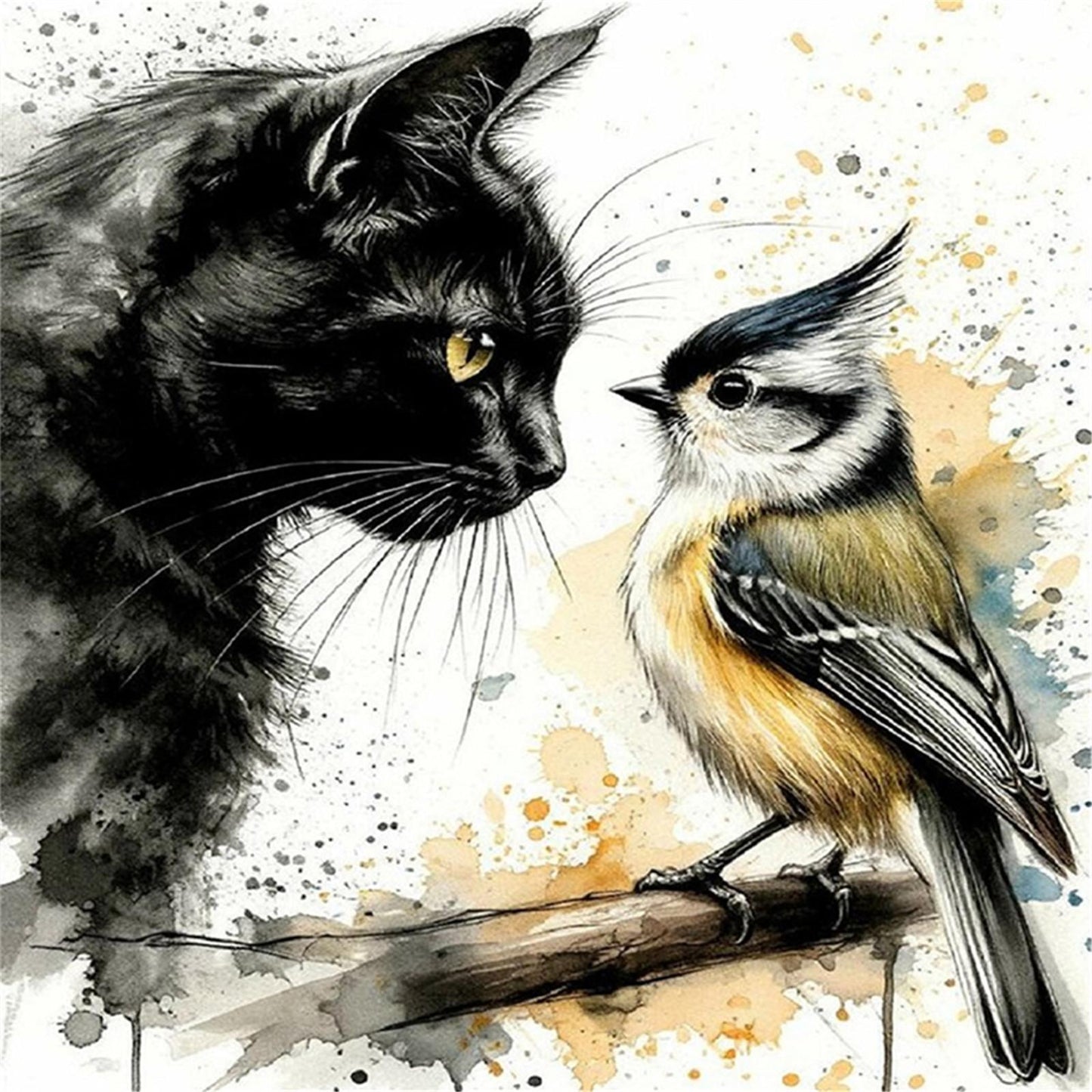 Black Cat And Bird - Full 11CT Stamped Cross Stitch 40x40CM - Huacan