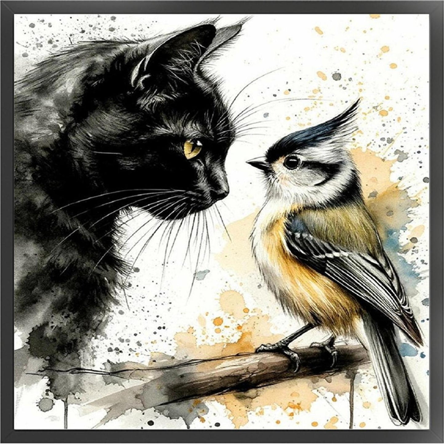 Black Cat And Bird - Full 11CT Stamped Cross Stitch 40x40CM - Huacan