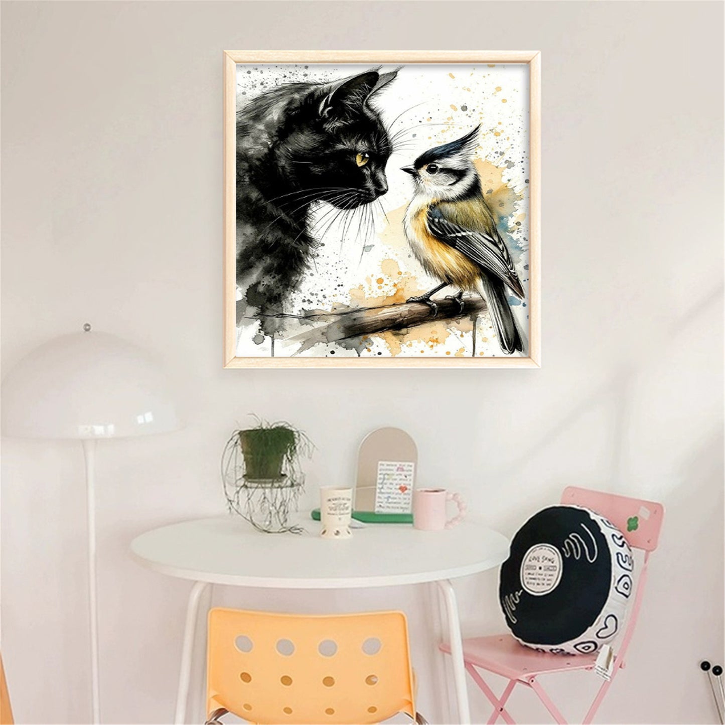 Black Cat And Bird - Full 11CT Stamped Cross Stitch 40x40CM - Huacan