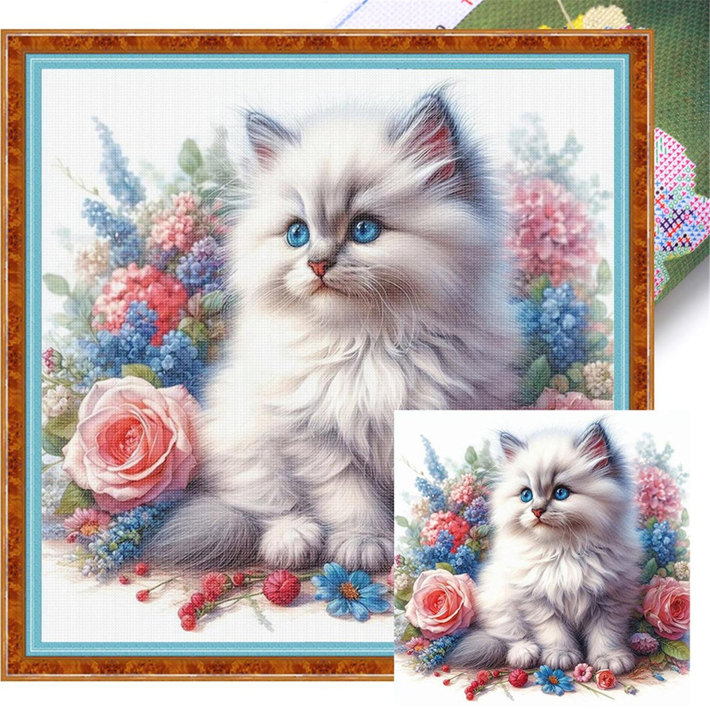 Rose And Cat - Full 11CT Stamped Cross Stitch 40x40CM - Huacan