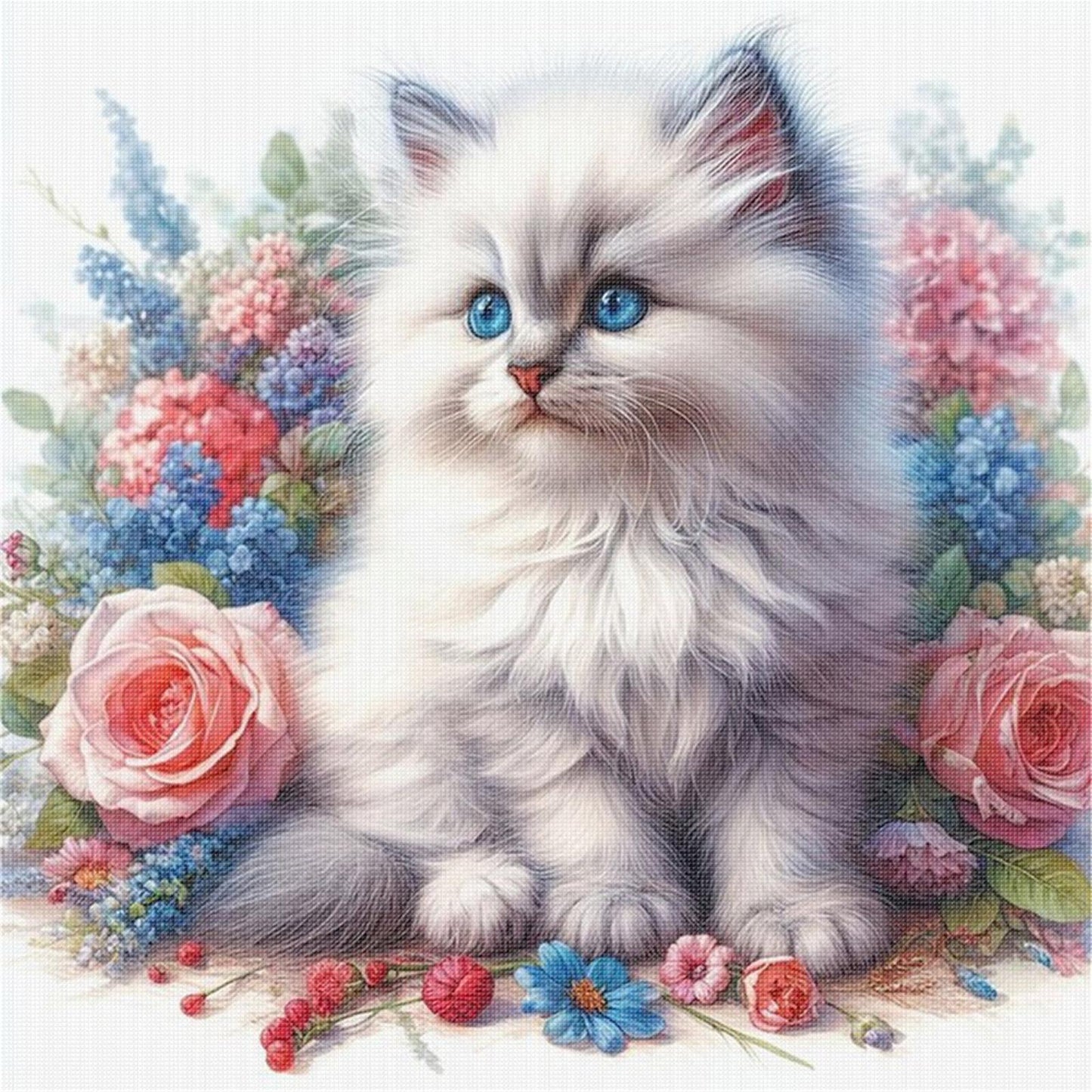 Rose And Cat - Full 11CT Stamped Cross Stitch 40x40CM - Huacan