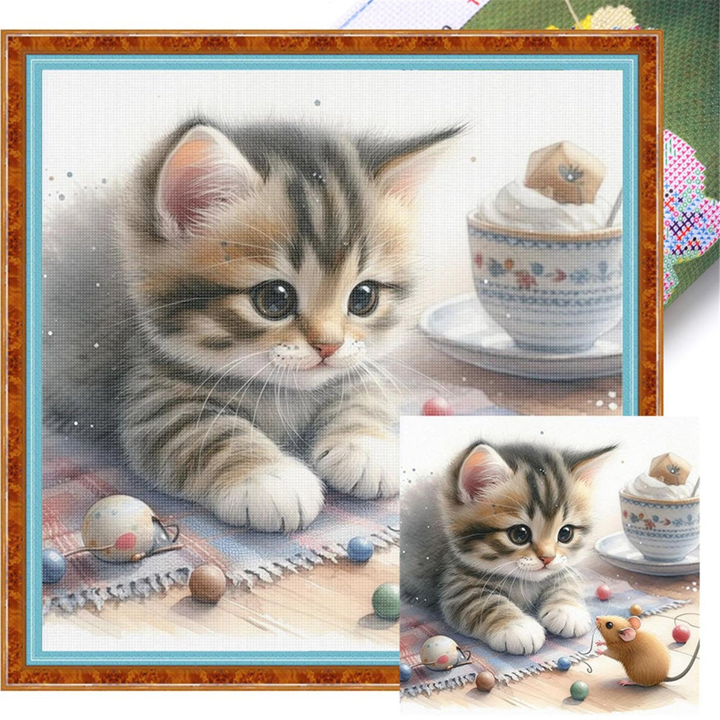 Cat And Mouse - Full 11CT Stamped Cross Stitch 40x40CM - Huacan