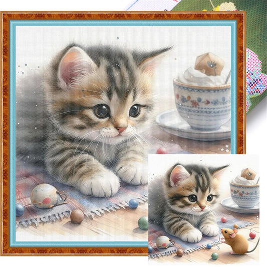 Cat And Mouse - Full 11CT Stamped Cross Stitch 40x40CM - Huacan