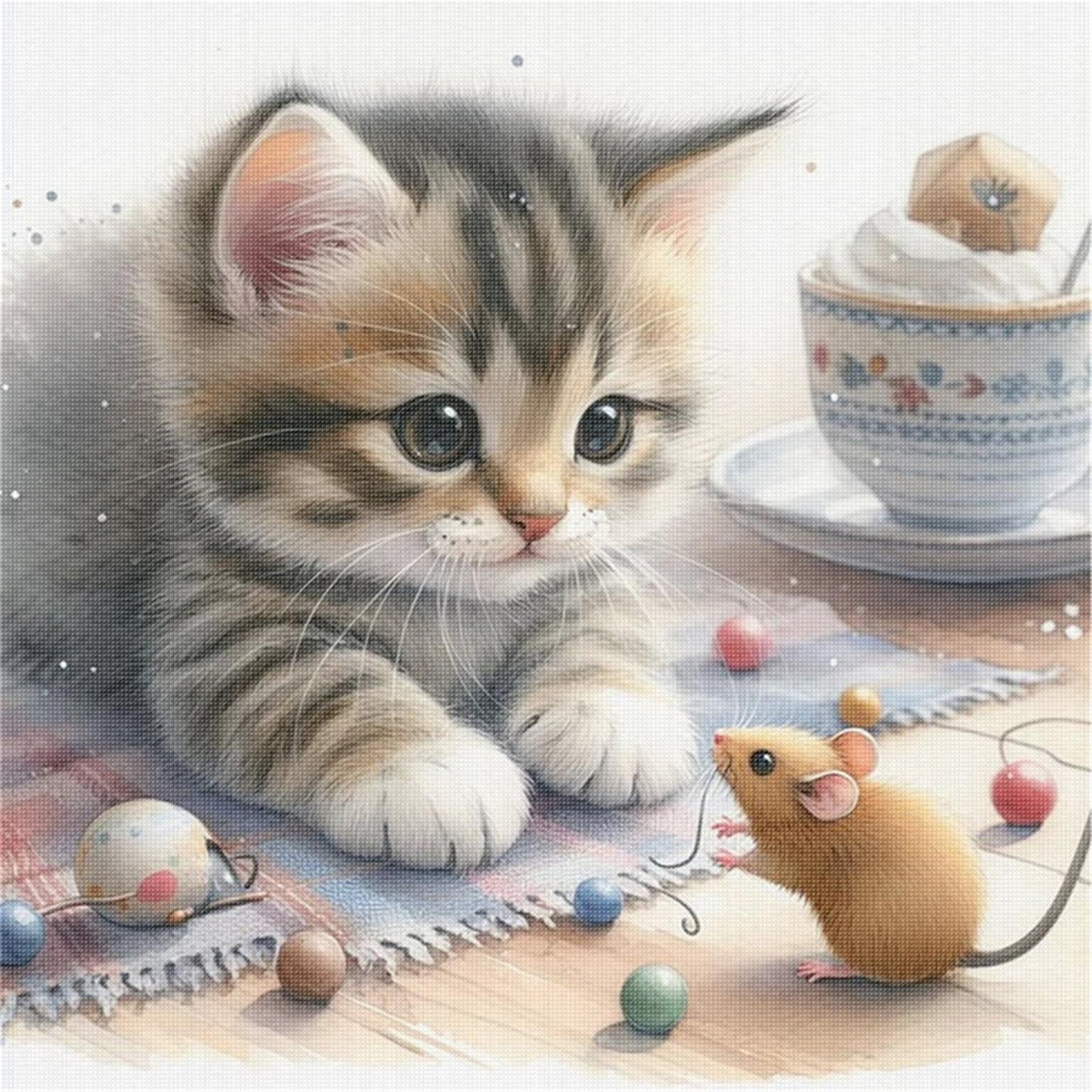 Cat And Mouse - Full 11CT Stamped Cross Stitch 40x40CM - Huacan