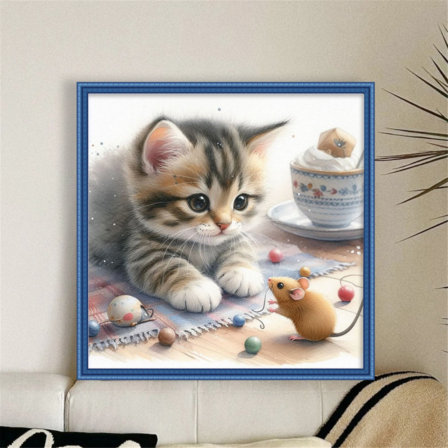 Cat And Mouse - Full 11CT Stamped Cross Stitch 40x40CM - Huacan