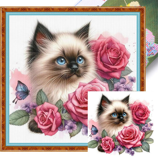 Siamese Cat With Rose - Full 11CT Stamped Cross Stitch 40x40CM - Huacan
