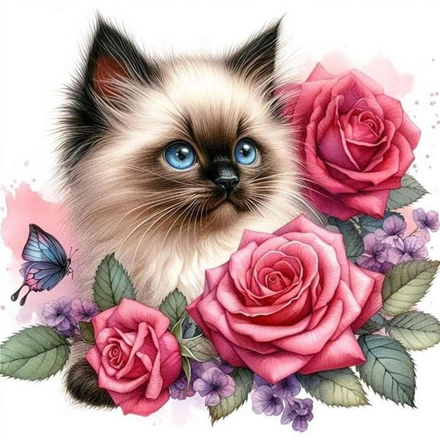 Siamese Cat With Rose - Full 11CT Stamped Cross Stitch 40x40CM - Huacan