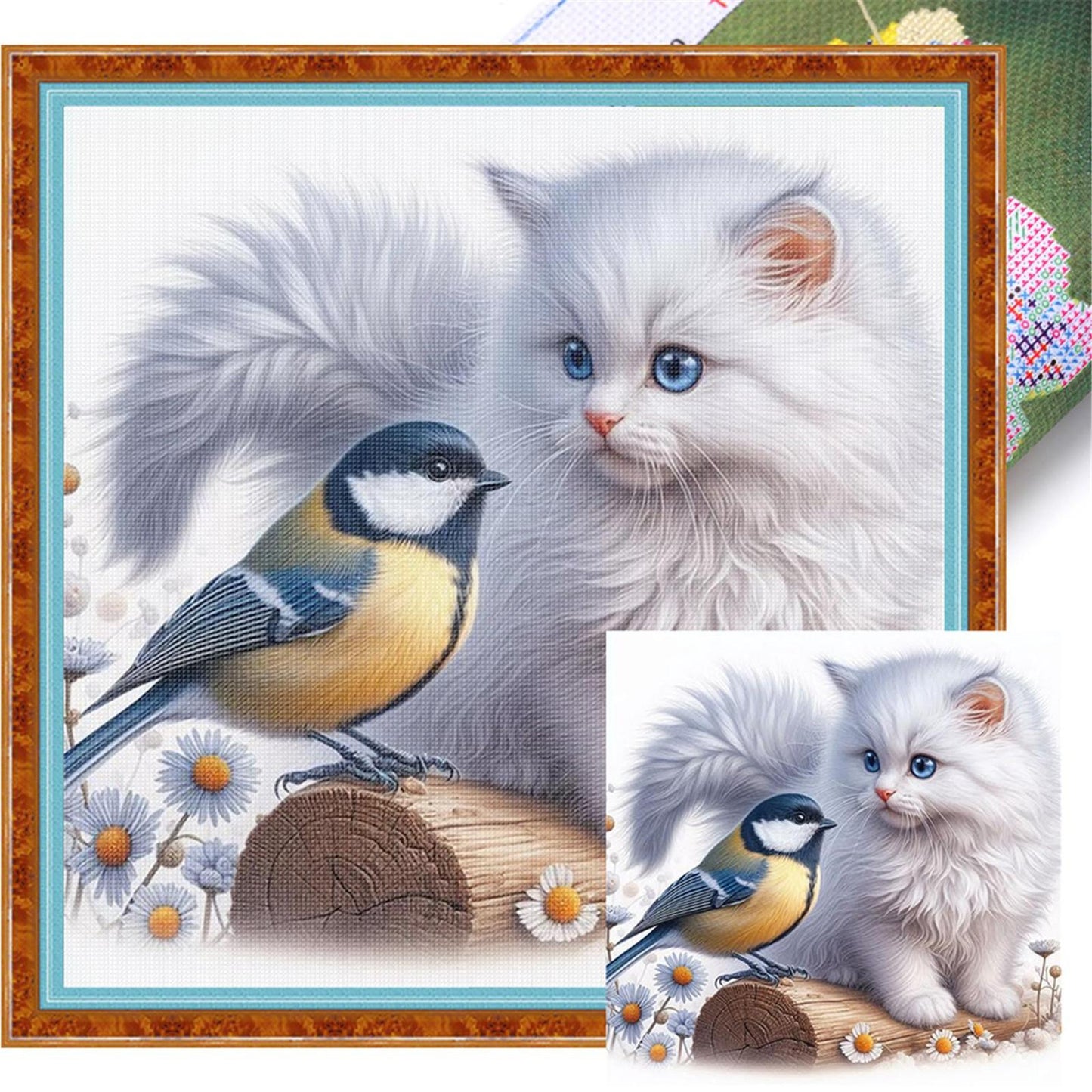 Cat And Robin - Full 11CT Stamped Cross Stitch 40x40CM - Huacan