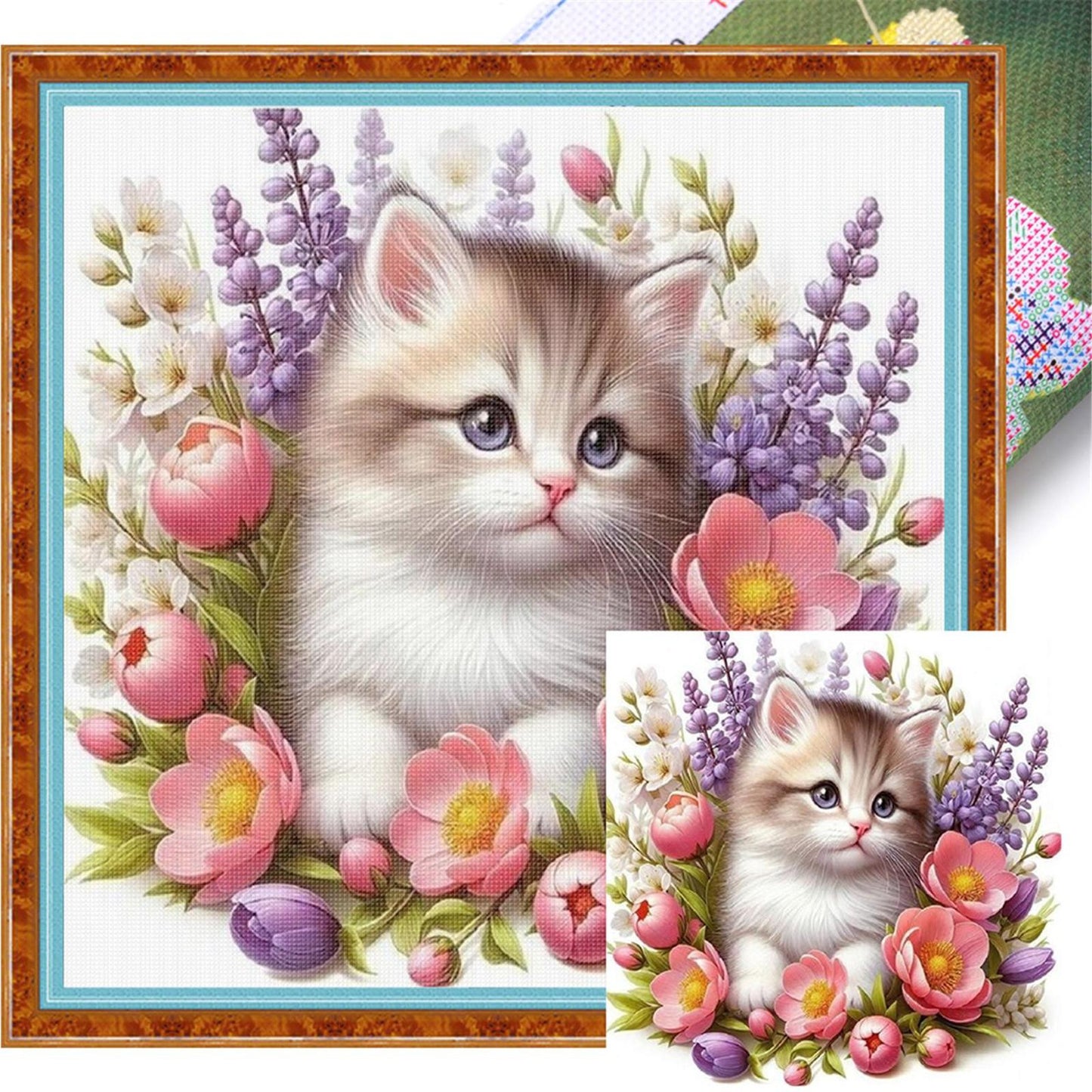 Flowers And Cat - Full 11CT Stamped Cross Stitch 40x40CM - Huacan