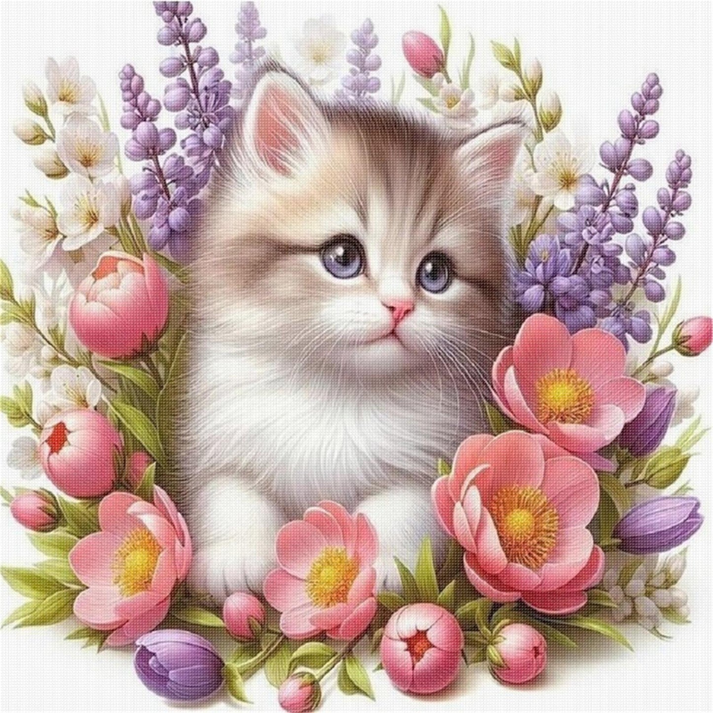 Flowers And Cat - Full 11CT Stamped Cross Stitch 40x40CM - Huacan
