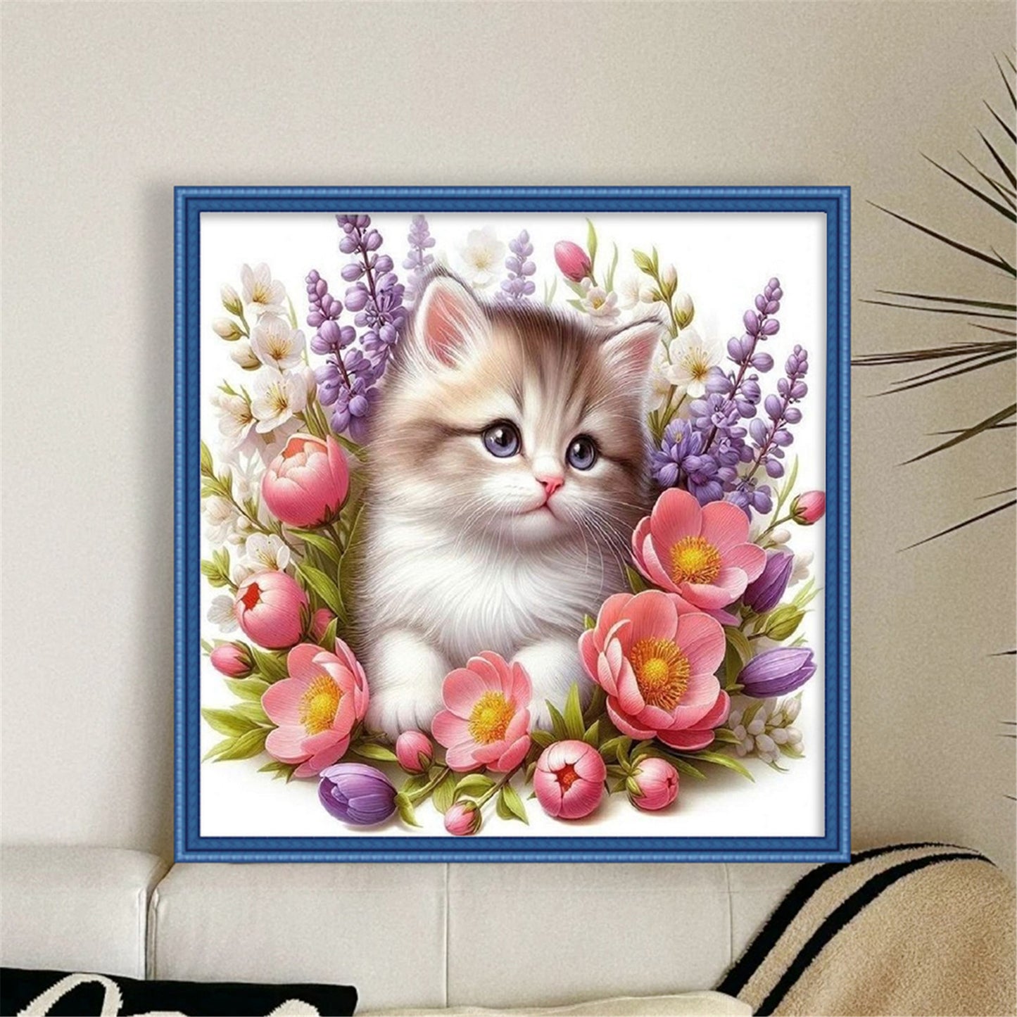 Flowers And Cat - Full 11CT Stamped Cross Stitch 40x40CM - Huacan