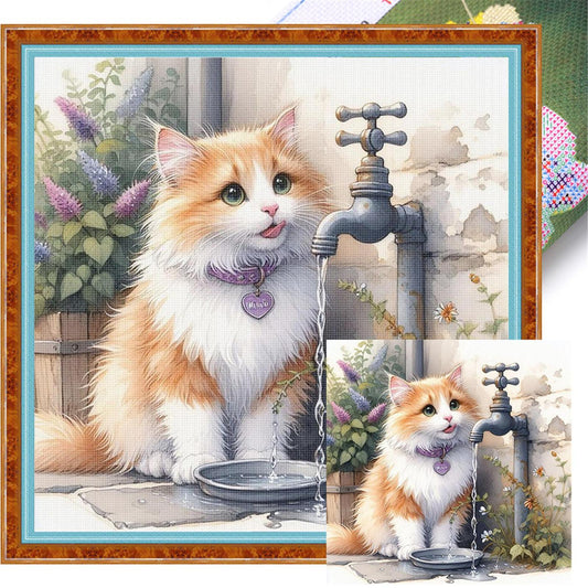 Kitten Drinking Water - Full 11CT Stamped Cross Stitch 40x40CM - Huacan