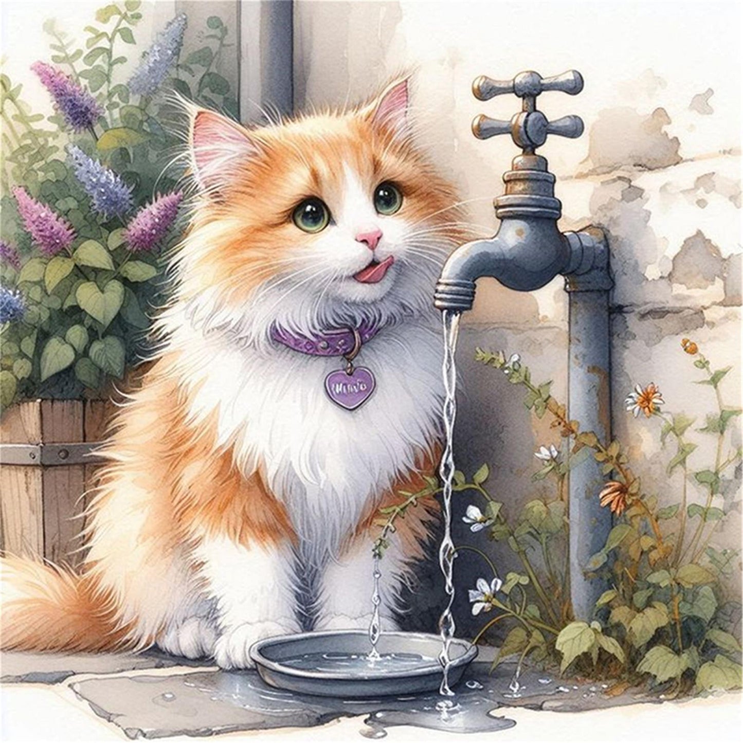 Kitten Drinking Water - Full 11CT Stamped Cross Stitch 40x40CM - Huacan