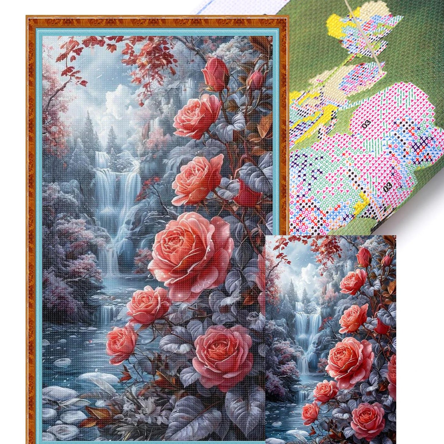 Waterfall And Flowers - Full 11CT Stamped Cross Stitch 40x70CM - Huacan